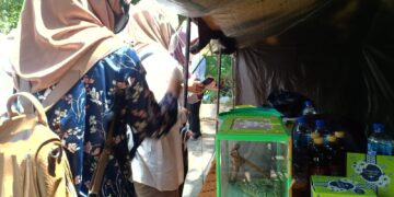 Para mahasiswa bergantian mengambil foto sembari berinteraksi dengan ular Piton Reticulada, Senin (28/3/2022). (Genta Andalas/Putri Salsabilla Eryadi)