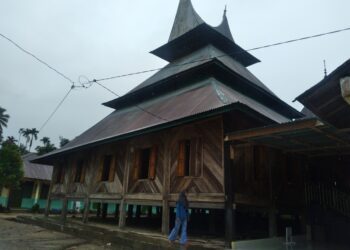 Seorang pengunjung berdiri di samping Surau Gadang Syekh Burhanaddin, Nagari Tanjung Medan, Ulakan, Kabupaten Padangpariaman, Sumatra Barat, pada Minggu (13/11/2022) (Genta Andalas/Souty) 