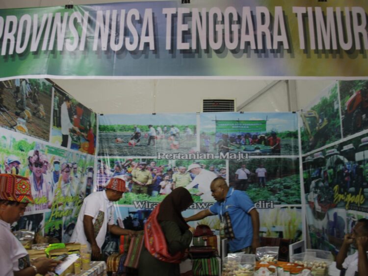 Tampak beberapa pengunjung memakai kain khas Provinsi Nusa Tenggara Timur, pada salah satu stand yang ada di acara Penas 2023 pada Rabu (14/6/2023). (Genta Andalas/ Fahara Azzah Syafaqah)